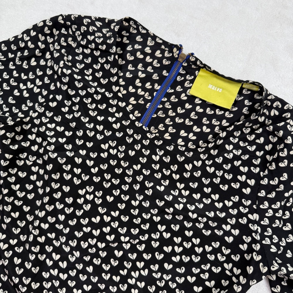 Maeve Anthropologie Silk Heart‎ Print Blouse Black White 3/4 Sleeve Medium Zip